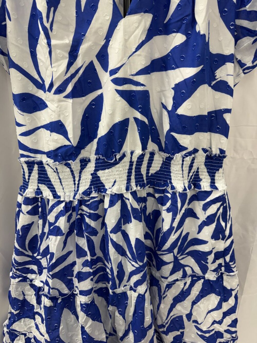 Chicos Flutter Sleeve Smocked Petite Maxi Dress Blue White Clip Dot Sz 16P - Picture 8 of 16